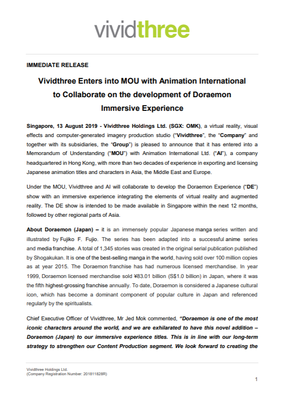 Vividthree Enters into MOU with Animation International to Collaborate on  the development of Doraemon Immersive Experience | Gem Comm:: Gem Comm